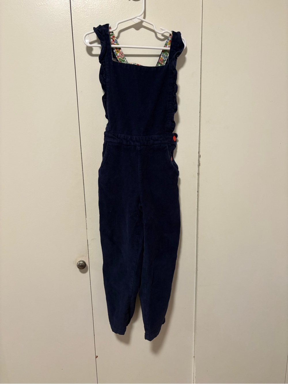 Mini Boden Corduroy Ruffle Overalls, ruffle-trimmed shoulders, Girls Size 6-7 Y